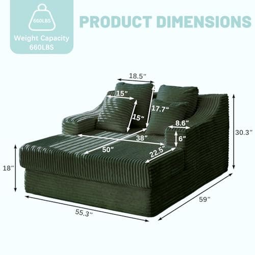 Oversized Green Chaise Lounge Chair with 4 Pillows, Living Room or Bedroom Sleeper