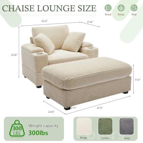 Oversized Beige Corduroy Chaise Lounge with Storage & Ottoman, Reclining Sofa Bed