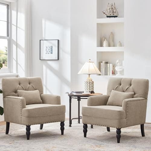 HUIMO Mid Century Modern Brown Studded Tufted Club Chair with Lumbar Pillow