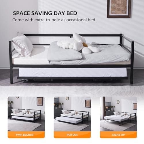 VINGLI Heavy Duty Metal Twin Daybed with Pop Up Trundle, Black