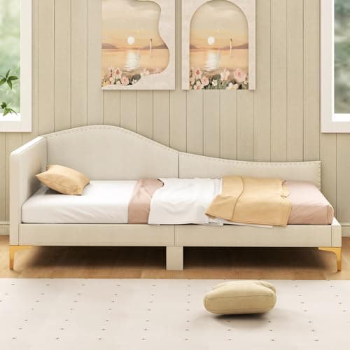 Giantex Beige Twin Size Rivet-Tufted Daybed & L-Shaped Sofa Bed