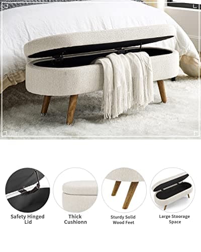 Beige Linen Oval Storage Bench 43.5" for Living Room/Ottoman Entryway