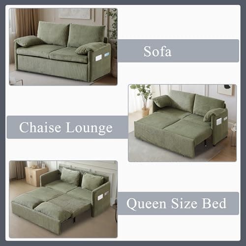 3-in-1 Corduroy Green Pullout Couch Bed with Side Pockets