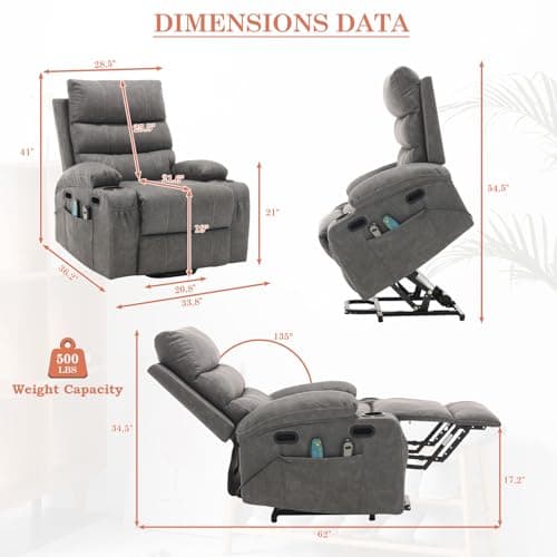Electric Power Lift Recliner Chair for Elderly with Massage & Heat, PU Leather, Grey