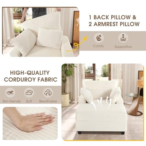 Oversized Indoor Chaise Lounge Chair with Ottoman - 57.5 Corduroy Sofa for Bedroom, Living Room, Office (Beige)
