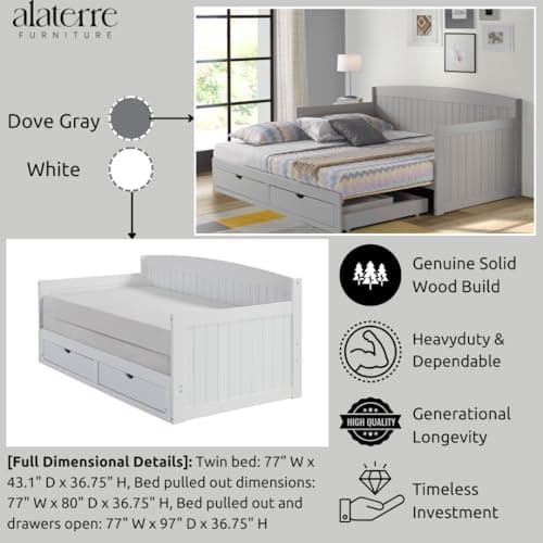 Alaterre Harmony Wood Daybed, White, Twin Size, Sturdy Durable Trundle Bed