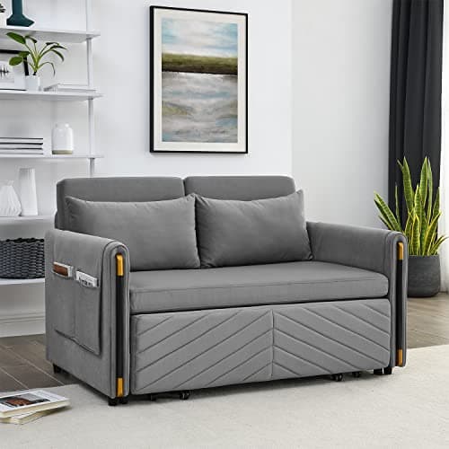 Modern Velvet Convertible Sleeper Sofa Bed with Headboard, Small Love Seat for Small Space, Grey