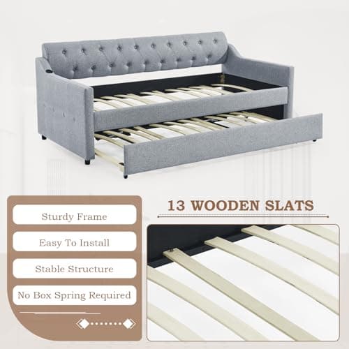 Twin Day Bed with Pop Up Trundle and USB Port for Living Room or Guest Room