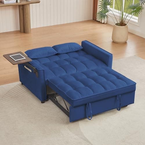 JEEOHEY 3-in-1 Reclining Sleeper Sofa Bed, Velvet & Chaise Lounge (Blue)