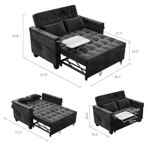 3-in-1 Convertible Sofa Bed with Adjustable Backrest & Hidden Side Table, Black