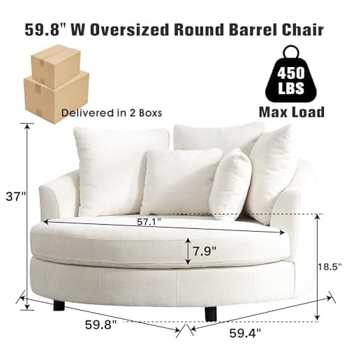 Beige Knitted Chenille Oversized Barrel Chair with Wheels & 5 Pillows