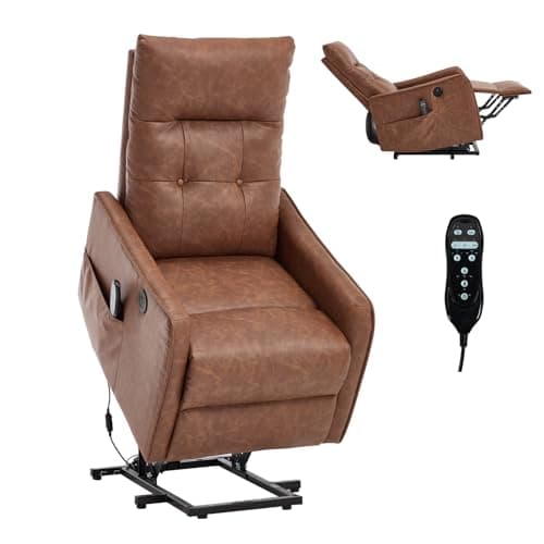 Power Lift Recliner Chair with Heat and Massage for Elderly, Electric Recliner Chairs with Standing Assistance, 2 Cup Holders, 4 Pockets, USB Charge Port, Breathable Leather Brown