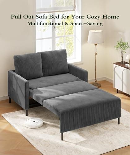 Corduroy Convertible Sofa Bed, 47" Loveseat with Fluffy Pillows, Grey