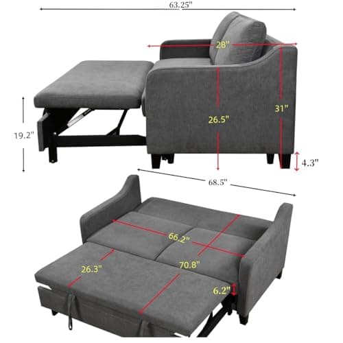 69" Queen Sleeper Sofa with Pullout Bed, Adjustable Backrest, Dark Grey