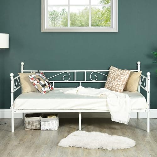 Beige Twin Metal Daybed Frame with Headboard & Mattress Platform Bed