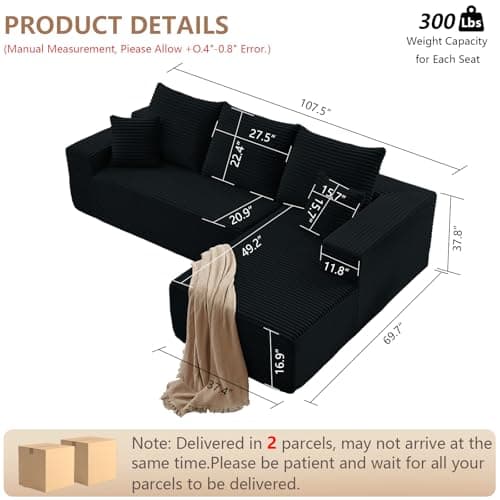 107" Modern Black Corduroy L-Shaped Sofa, Deep Seat Chaise for Living Room