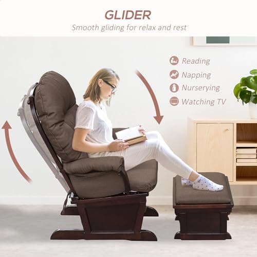 HOMCOM Brown Glider Rocking Chair with Ottoman and Thick Cushion