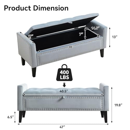 Dusty Blue Velvet Storage Bench with Bedside Ottoman Legs