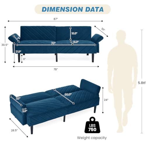 Velvet Futon Sofa Bed with Adjustable Backrest and Armrest, 78 Blue Futon Couch for Living Room and Small Spaces