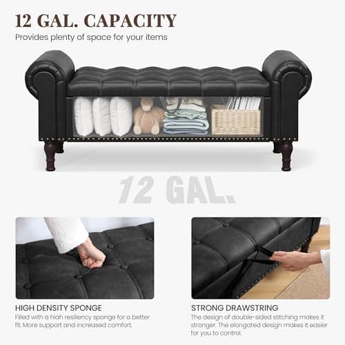 Vintage Rivet Storage Bench, Black, 51" Armless Upholstered Ottoman