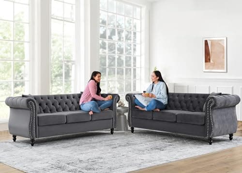 Chesterfield Sofa Set, 2 Pieces Velvet Couch with Nailhead Trim and Rolled Arms