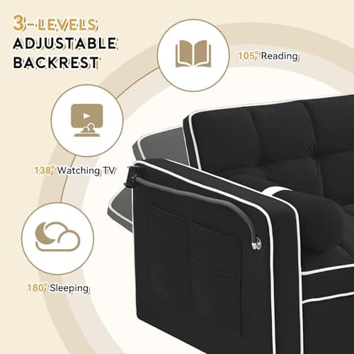 Convertible Sleeper Sofa with Adjustable Backrest, Velvet Tufted Pull Out Couch Bed for Small Spaces (Black)
