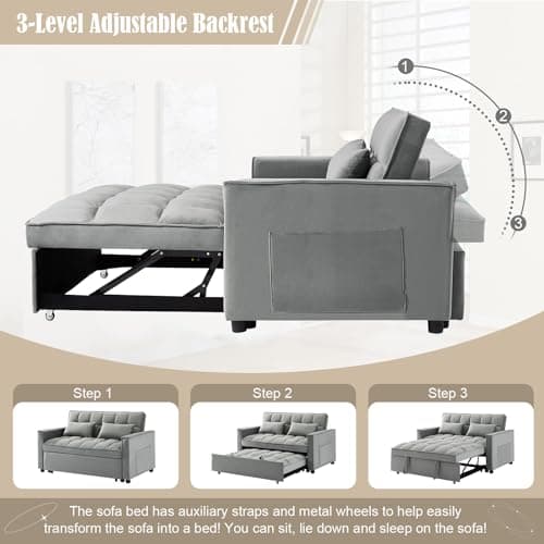 Convertible Sleeper Sofa Bed, Velvet Upholstered Futon Couch with Adjustable Backrest (Grey)