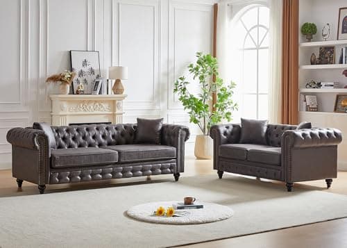 Mid-Century Modern Grey 3-Seater Oversized Sofa, Button Tufted & Nailhead Trim