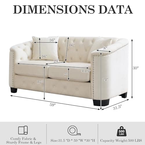 JEEOHEY Velvet Chesterfield Sofa, Oversized Loveseat with Button Nailhead Beige