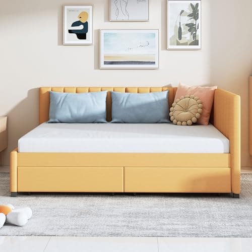Merax Full Size Upholstered Daybed with Storage Drawers, Yellow Linen Fabric