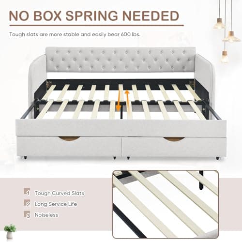 Antetek Modern Button Tufted Linen Daybed with Drawer, Beige