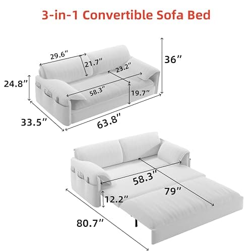 FANYE 63.8" Queen Sofabed 3-in-1 Sleep & Lounge Sofa, Armrest Pillows for Home