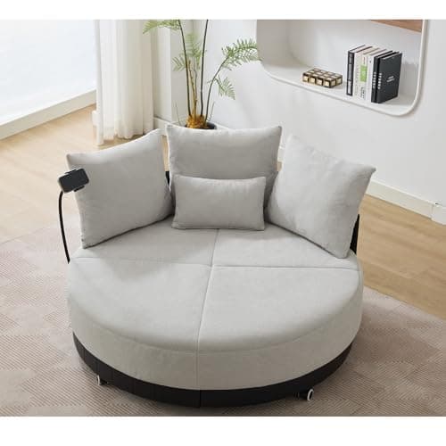Oversized Round Swivel Chair with Phone Stand and 4 Pillows (Beige)