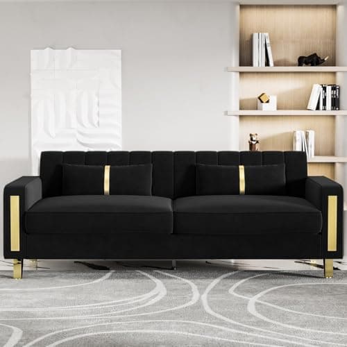 Modern 83.46" Curved Black Velvet Sofa with Gold Legs, 3-Seater for Living Room & Bedroom