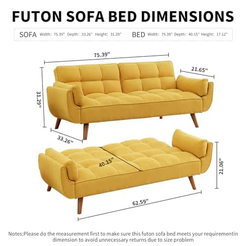 Golden Yellow Convertible Futon Sofa Bed, Linen 75" W 3 Seater with Adjustable Backrests