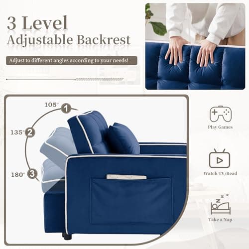 Convertible Sleeper Sofa Bed with USB Port - Blue color