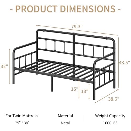 Classic Headboard Twin Daybed with Metal Slats Support for Living Room & Guest Room