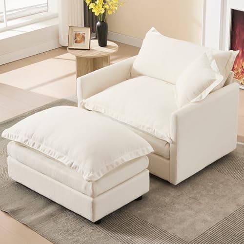 Linen White Oversized Chaise Lounge Chair with Ottoman for Living Room, Bedroom, Office