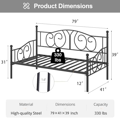 Metal Daybed Frame with Classic Headboard, Twin Size, Black