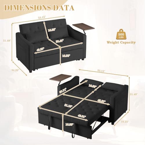 Convertible Sleeper Sofa Couch with Pull Out Bed, Velvet Futon Loveseat with Table & Reclining Back