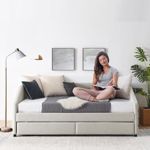 JEEOHEY Queen Size Daybed with Storage, Modern Linen Upholstered Sofa Bed for Living Room and Guest Room, Beige