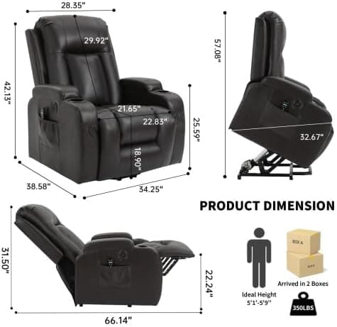 Power Lift Recliner Chair with Heat and Massage for Elderly, Electric Recliner Chairs with Standing Assistance, 2 Cup Holders, 4 Pockets, USB Charge Port, Breathable Leather Brown