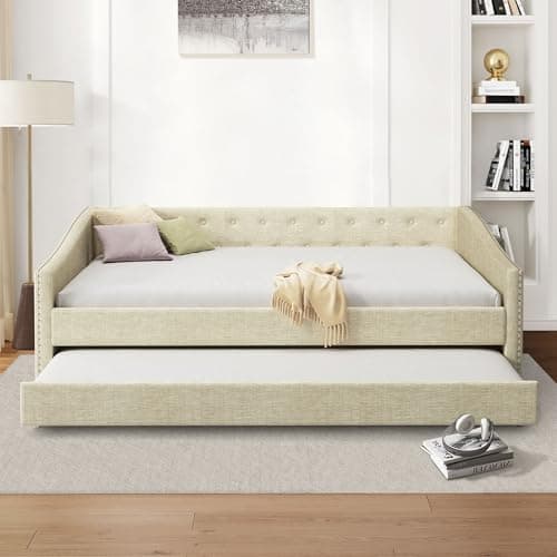 Twin Upholstered Daybed with Trundle, Tufted Button Back & Piping Arms, Light Grey