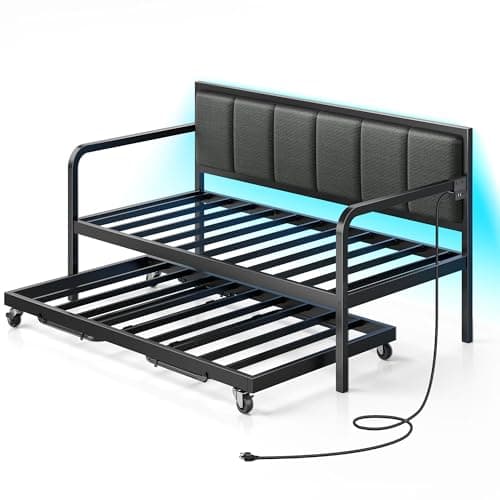 Rolanstar Adjustable Height LED Daybed with USB, Grey Upholstery for Living Room