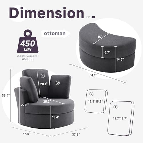 39 Swivel Accent Barrel Chair with Removable Headrest and Ottoman, Grey