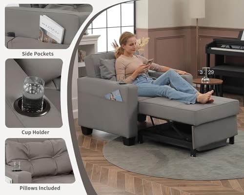 DURASPACE 3-in-1 Convertible Pull Out Sofa Bed with USB, Gray Faux Leather for Living Room