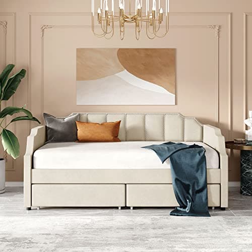 Grey Tufted Daybed with Drawers & Nailtrim Arms, Solid Wood Frame