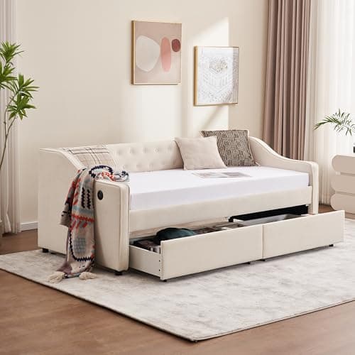 Beige Twin Size Daybed with Storage and USB Port