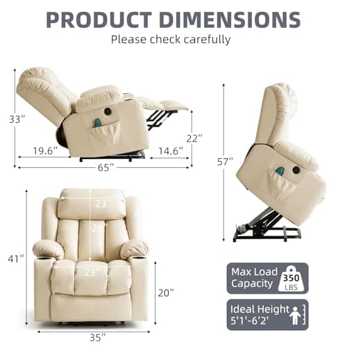 Electric Recliner Chair with Massage & Heat, Cup Holders, Remote Control, USB, Side Pockets, Leather (Beige)