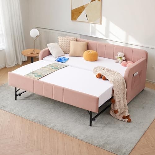 Beige Velvet Tufted Twin to King Size Daybed with Pop Up Trundle & USB Port